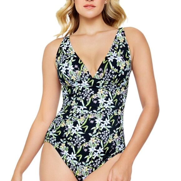 SWIM SOLUTIONS Black Floral NEW Tummy Control Deep V-Neck One Piece Swimsuit 10 - Picture 7 of 7